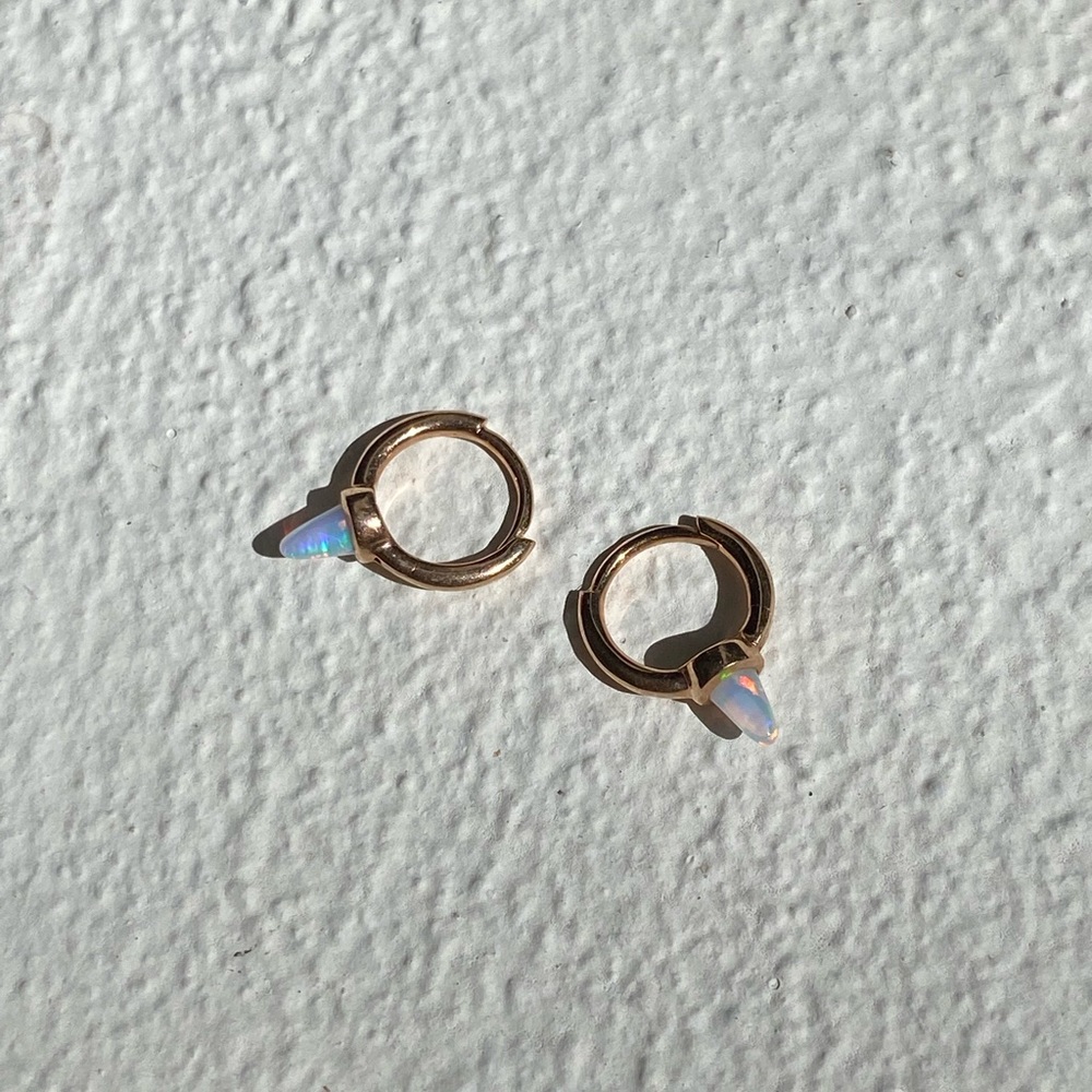 Maria Tash Opal Short Spike Hoop 14K Yellow Gold Earrings.